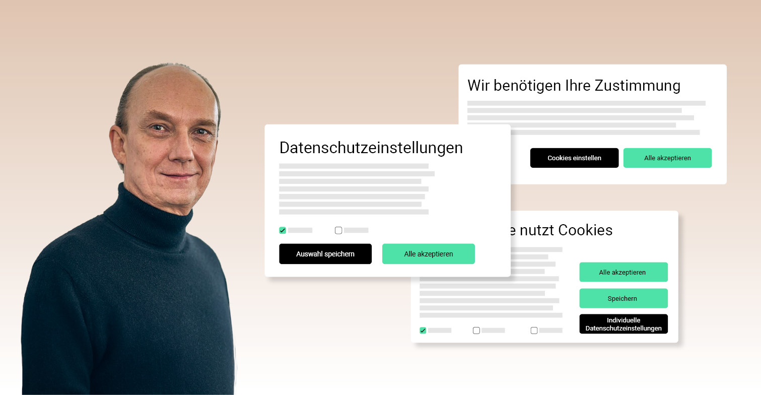 Zu sehen ist Datenschutzaktivist Christian Bennefeld sowie mehrere Cookie-Banner.